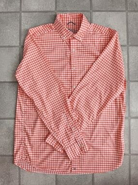 Vineyard Vines On-The-Go Gingham Performance Shirt Orange & White Men's Medium